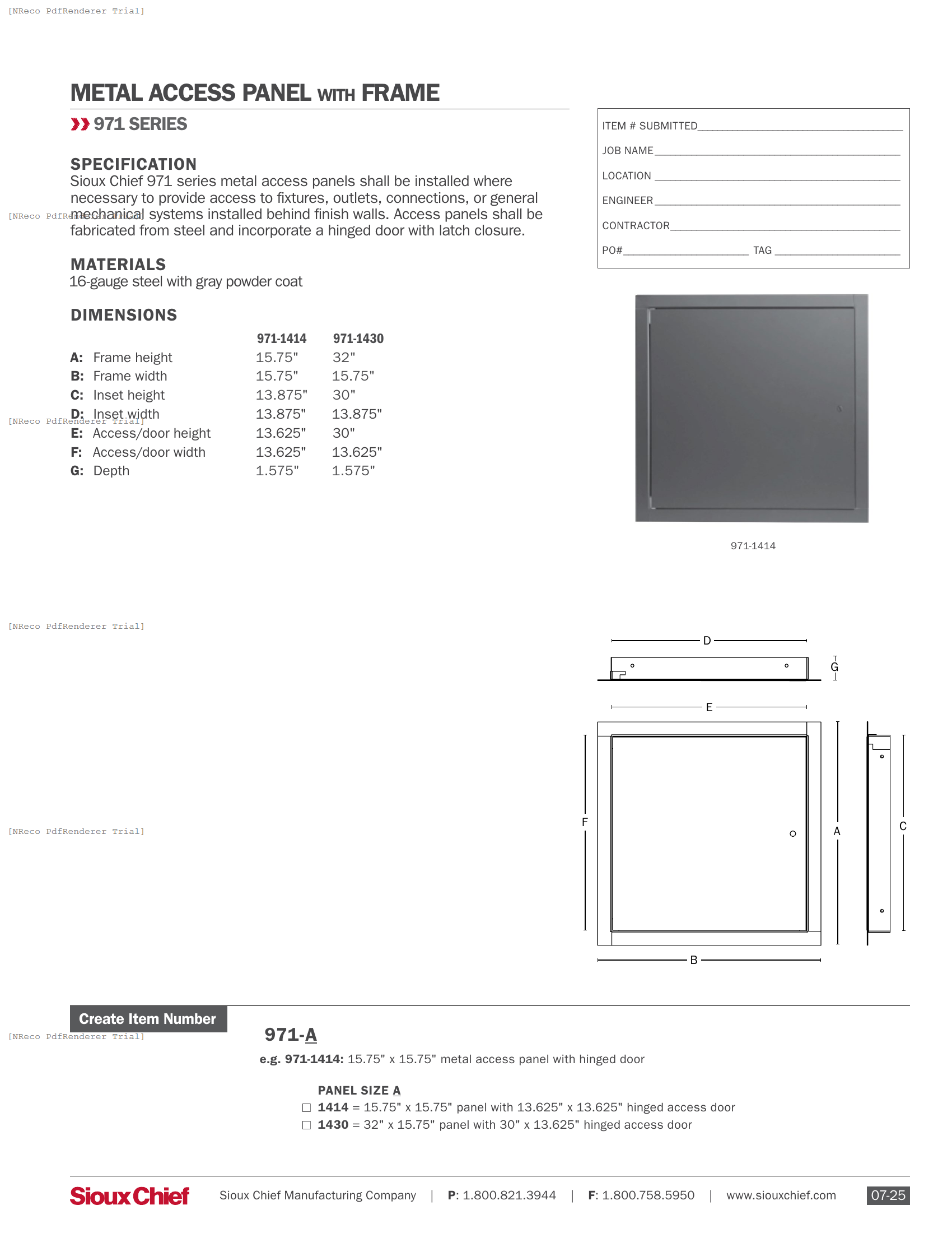 971 SERIES - METAL ACCESS PANEL - SPEC SHEET.PDF Specification Document